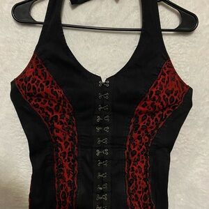 Royal Bones Black and Red Leopard Corset Halter Top